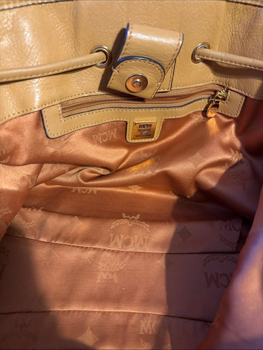 MCM Cognac Visetos Logo Drawstring Crossbody/Shoulder Bag - Picture 10 of 12